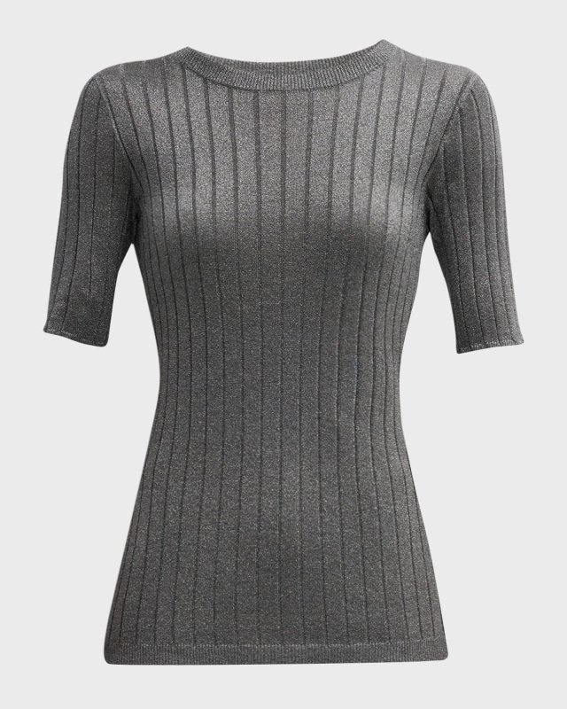 Metallic Silk Wide Ribbed Elbow-Sleeve Crewneck Top